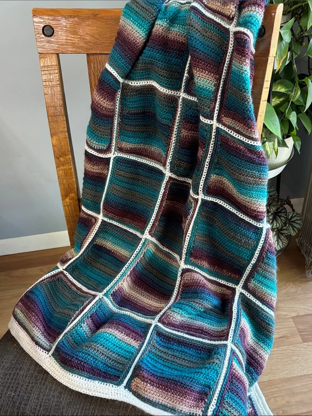 Handmade Crochet Patchwork Throw Blanket in Teal, Purple & Brown
